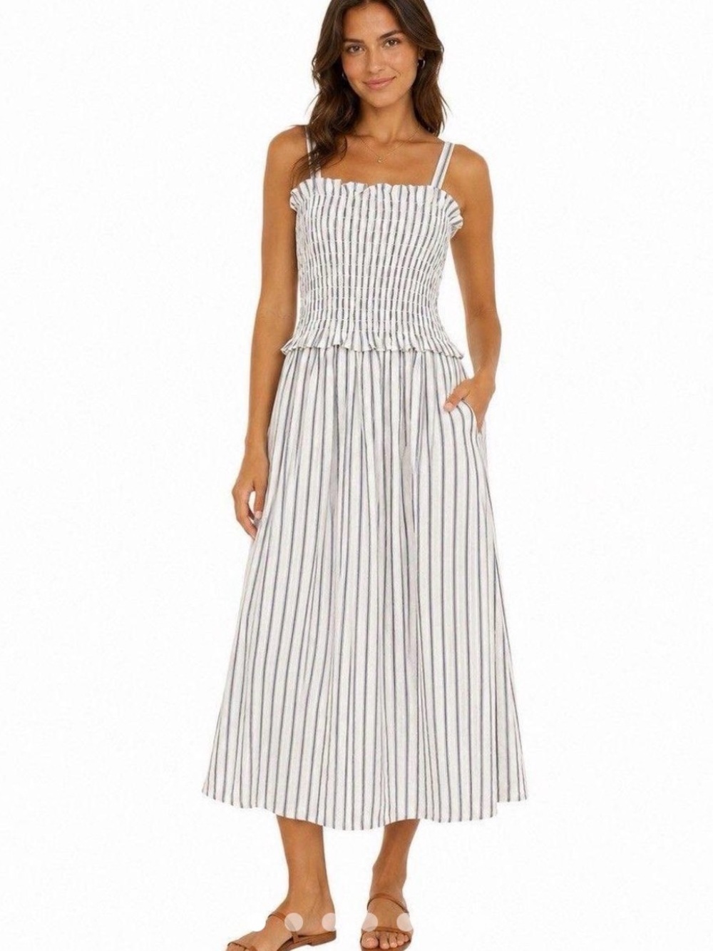 Universal Thread White and Navy Vertical-Stripe Smocked Midi Dress